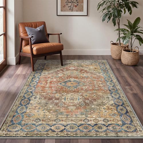 BEIMO Short Pile Living Room Rug, Vintage Non-Slip Washable Rugs, Large Carpet for Living Room, Bedroom, Dining Room, Antique Red, 120X170CM