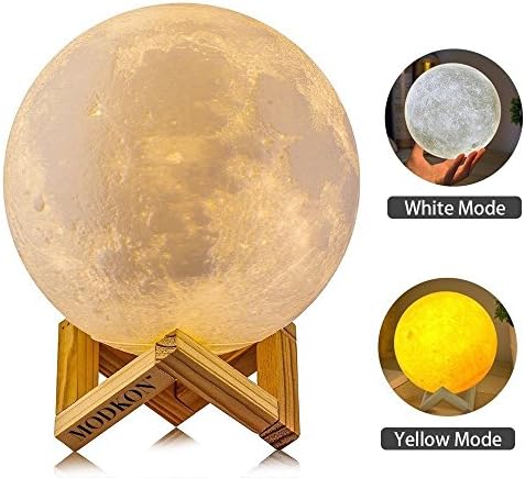 Moon Lamp by MODKON, 3D Printed Night Light, 4.7 Inch / 12 cm, Touch Control Dimmer, Warm Yellow and Cool White, Decorative Lunar Nursery Baby Room Lamp, Cordless, USB Rechargeable, Unique Gift