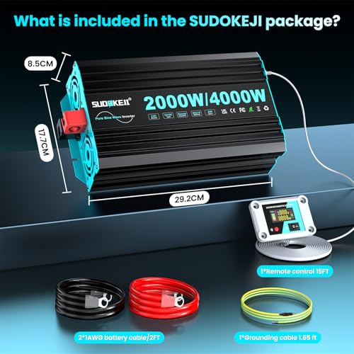 SUDOKEJI 2000 W / 4000 W Inverter Pure Sine Wave Voltage Converter 12 V to 230 V Power Inverter with LCD Remote Control, Type-C and USB Ports, 2 EU AC Sockets for Solar, Vehicles, Motorhomes