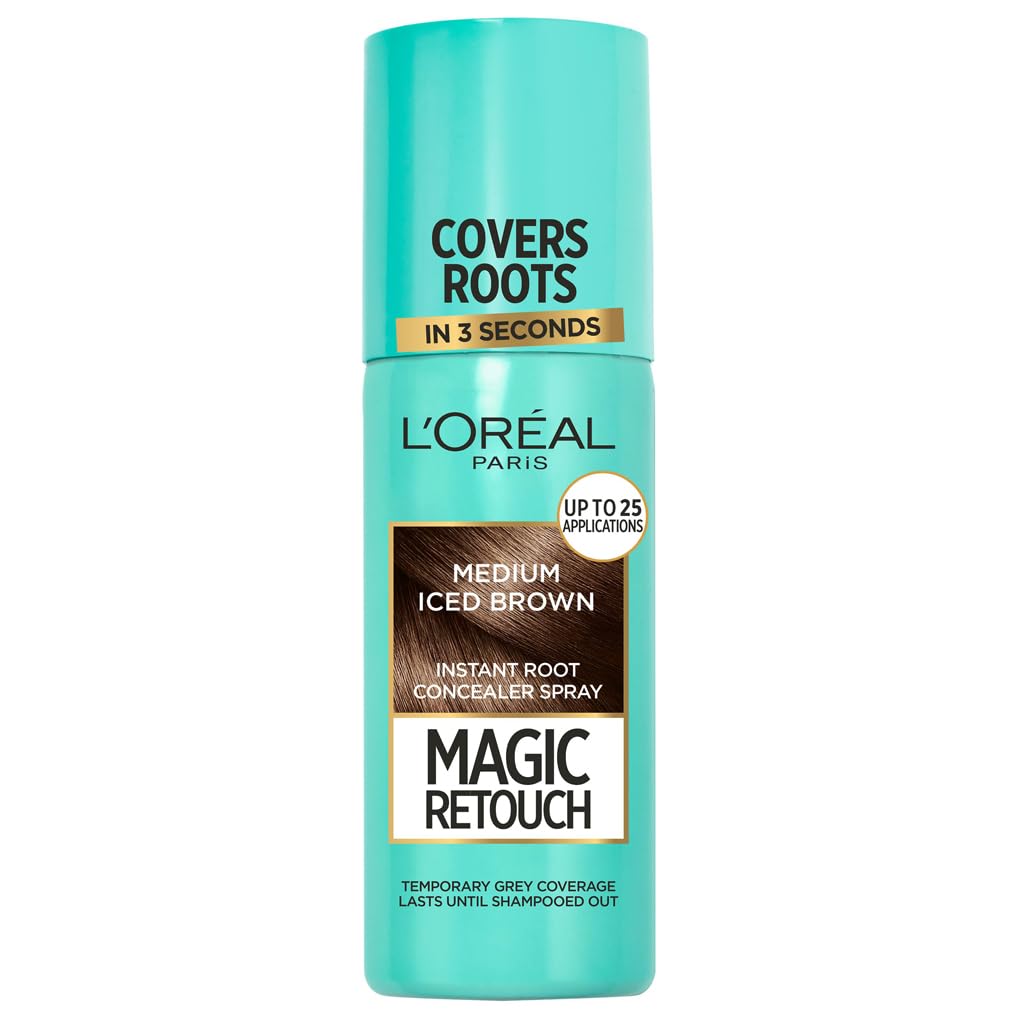 L’Oreal Magic Retouch Medium Iced Brown temporary instant root concealer spray, use with home or salon hair dye or hair colour, perfectly conceals grey hair with easy application, 75ml