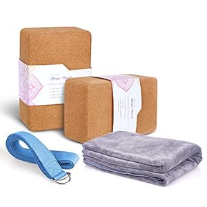 Arltb Cork Yoga Block 2 Pack and yoga Strap Set with Metal D-Ring 4″x6″x9″ Cork Yoga Bricks and 8″ Yoga Strap Natural and Sustainable Material for Any Type of Yoga Styles