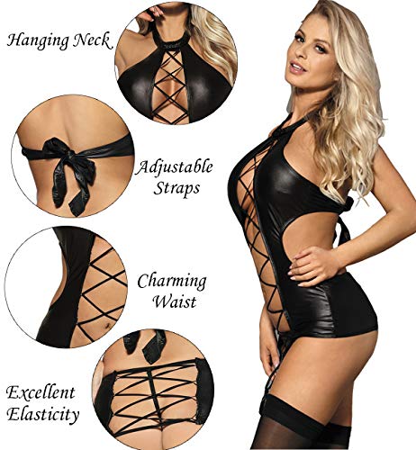 ohyeahgirl Damen Leder Dessous Damen Kurzarm Reizwäsche Babydoll Negligees Choker Neck Leather Lingerie Nachthemd Body… – Bild 3