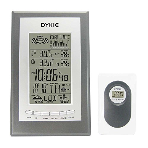 DYKIE Wireless Weather Station with Barometer Indoor Outdoor Thermometer Hygrometer Atomic Alarm Clock