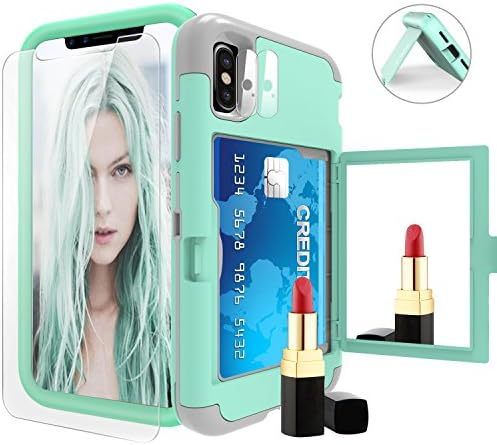 iPhone X Plastic Silicone Wallet Case with Screen Protector, Mirror and Kickstand, Heavy Duty Protection and Non-slip, Taken Direct Credit Card Holder, Card Slot, for Women, Girls, 5.8 Inch (Green)