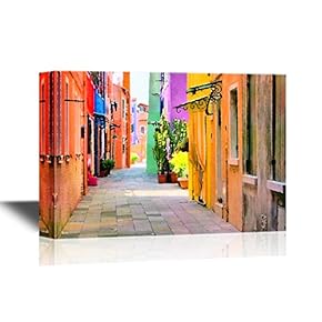 European Town Canvas Wall Art - Colorful Watercolor Style Street - Gallery Wrap Modern Home Art | Ready to Hang - 12x18 inches