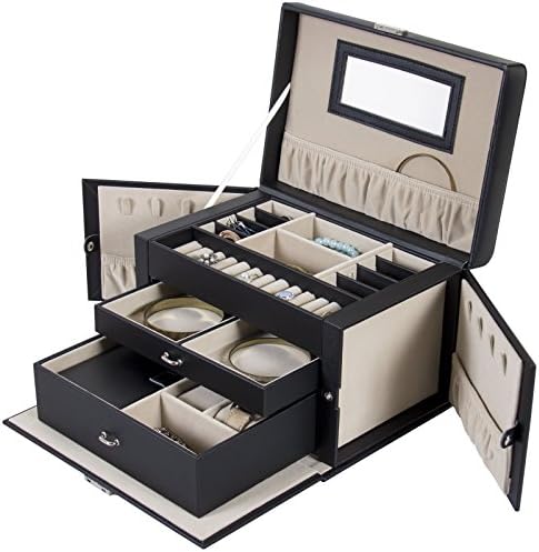 New Black Leather Jewelry Box And Organizer Watch Travel Case And Key