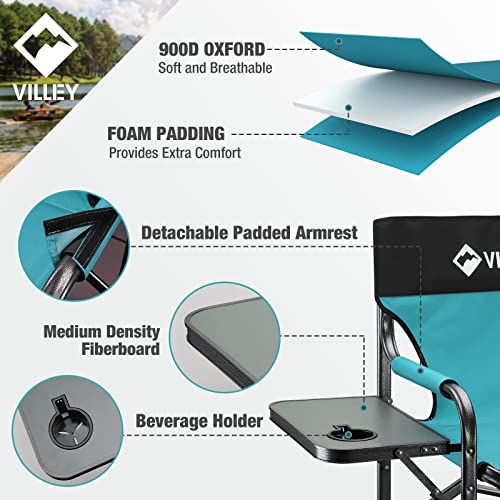 VILLEY Camping Chairs, Folding Directors Chair, Outdoor Foldable Chair with Side Table, 900D Fabric for Camp Tailgating Lawn Picnic Fishing Beach, Supports 350 LBS, Blue