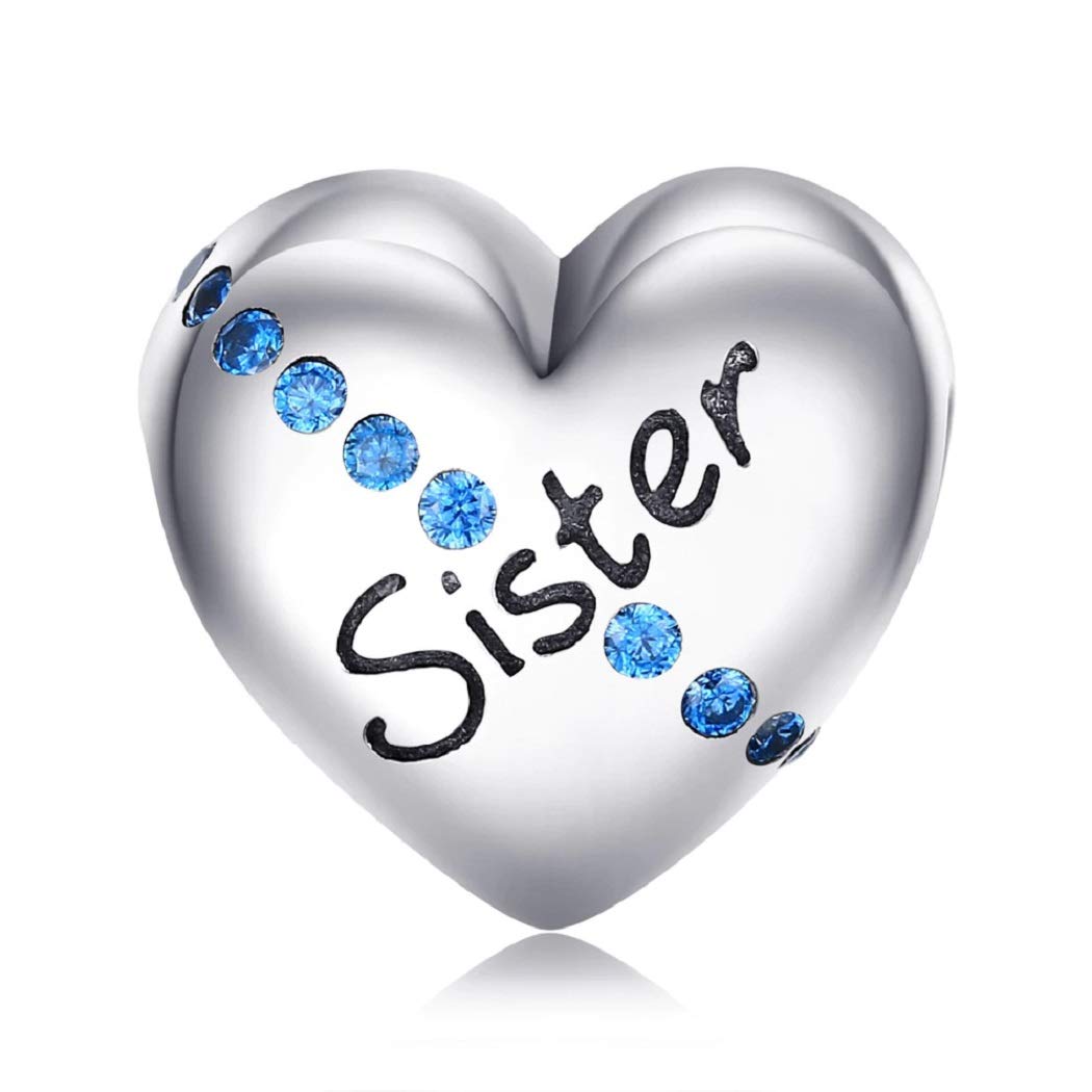 FeatherWish Sister Love Heart Charm 925 Sterling Silver Blue Family Best Friend Bead Fits And Compatible With Pandora Bracelets Gift For Birthday Christmas Daughter (Sister)