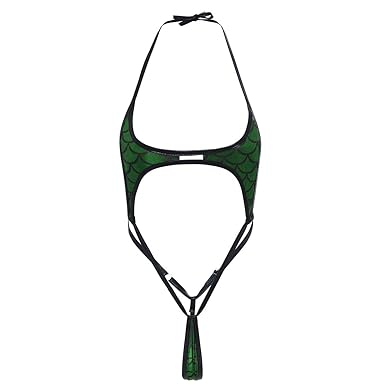 IWEMEK Sexy Damen Dessous Wetlook Fischschuppen Aushöhlen Bodys Micro Mini Bikini Dreipunkt Unterwäsche Reizwäsche Neckholder