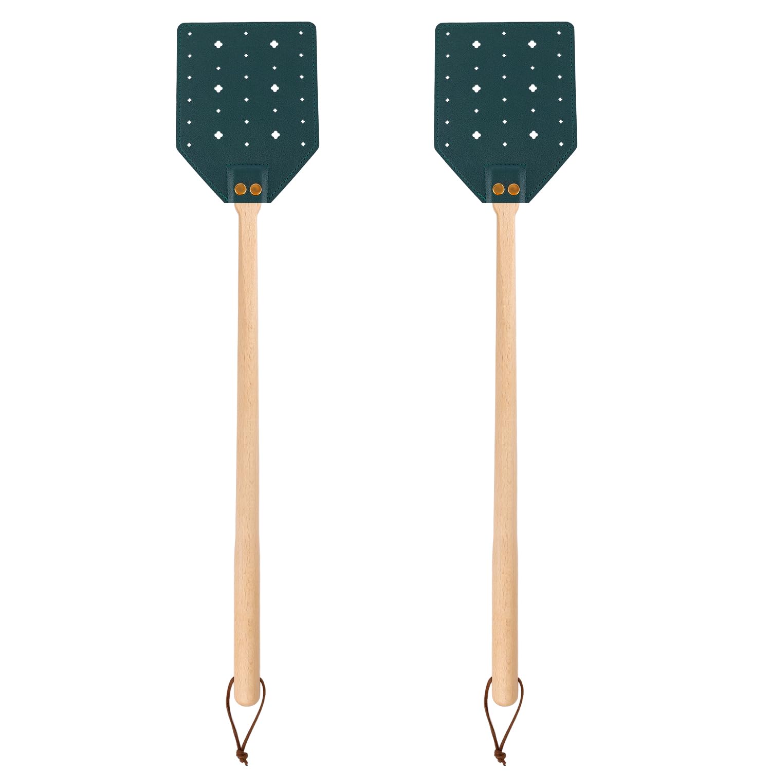 2pcs Leather Fly Swatter, Long Flyswatter Heavy Duty Catcher Manual with Wooden Handle and Hanging Rope Patterned Hollow Wasp Swatter for Indoor Outdoor (Dark Green)