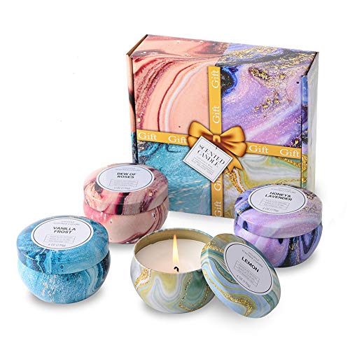 SUPREME LIGHTS ·2017· Scented Candles Gift Sets, 6oz Lemon, Honey, Vanilla, Roses Fragrance Candles, Aromatherapy Stress Relief with Natural Wax Portable Travel Tin Jar Candles, Set of 4