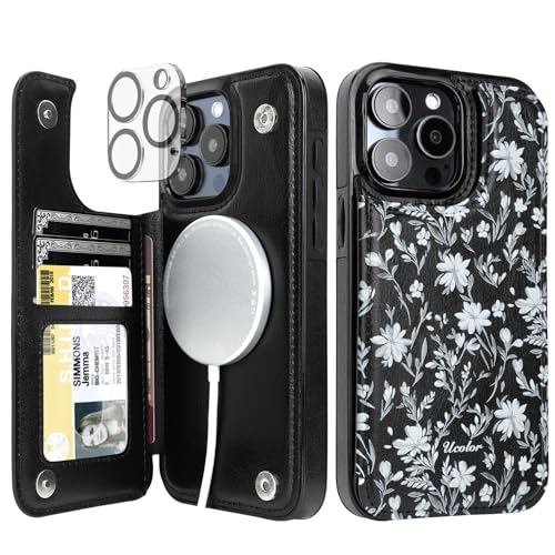 uCOLOR for iPhone 15 Pro Max 6.7" Wallet Case Magsafe with Card Holder Slot【Compatible with MagSafe】 Folio Flip PU Leather Double Magnetic RFID Design with Camera Lens Protector (Black Flowers)