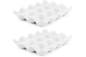 Flexzion 12 Cups Ceramic Egg Holder - Whole Dozen Porcelain Egg Tray Container Keeper Storage Organizer Decorative Serving Stand Serveware for Refrigerator Fridge Countertop Display 2 Pack (White)