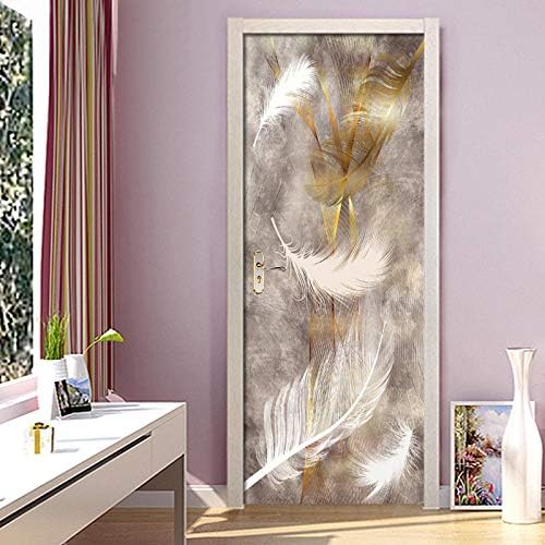 WEIFENGX 3D Door Stickers for Interior Doors Self-Adhesive vinyl mural Golden feather art Wall Art Sticker for Bedroom Living room Office Bathroom wallpaper 77 X 200 CM