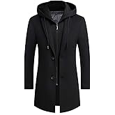 PRIJOUHE Men's Wool Coat Hoodie Long Trench Coat Cotton Casual Woollen Overcoat Jacket