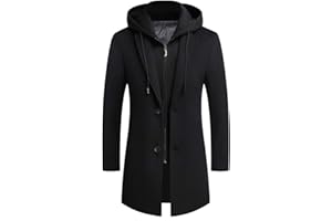 PRIJOUHE Men's Wool Coat Hoodie Long Trench Coat Cotton Casual Woollen Overcoat Jacket