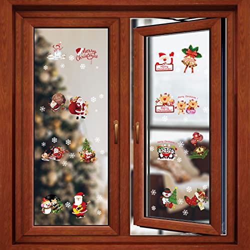 Sazfli 50 PCS Christmas Window Cling 4 Sheet Self-Adhesive Stickers for Glass Wall Cabinet Refrigerator, Xmas Holiday Decals Decorations Snowflake Santa Claus Decals for Party
