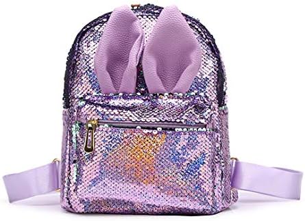 Magic Reversible Sequins Backpack with Cute Rabbit Ears Schoolbag Shoulder Bag Mini Backpack Purses for Girls Women (Purple)