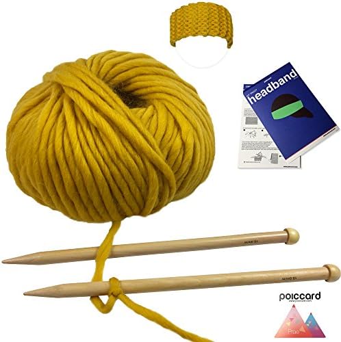 Knitting set for beginners - A kit to knit a headband - Chunky Yarn from Peru - Yellow - Explanation (FR, EN, ES, DE, IT)- Knitting Kit with Needles 15 mm Perfect For An Adult Beginner