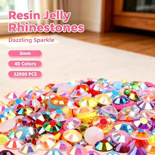 32000 Pcs Flatback Resin Rhinestone Kit, 40 Colours, 3mm, with 3 Jewellery Glue and Tools, for Nail Art, Crafts and DIY