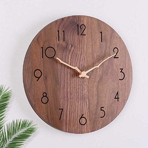 LPPJXL Black Walnut Solid Wood Wall Clock Creative Clock Simple Modern Round Clock Mute Log Living Room Bedroom Kitchen Office Decoration 12 inches/I