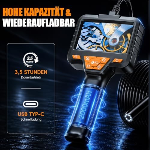 Endoskopkamera mit Licht, SKYBASIC Industrie Endoskop, 4.3-Zoll-IPS- Bildschirm Inspektionskamera,IP67 Wasserdichtes,1080P HD Rohrkamera mit 8 Einstellbaren LEDs -16.5FT/5M Halbstarres Kabel