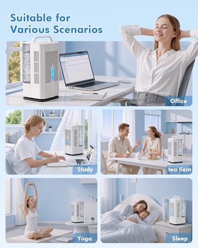 Deodak 4-in-1 Portable Air Conditioners: 1700ml Tank Mini Air Conditioner with 120° Oscillating 16.5ft Remote - Evaporative Air Cooler with 3 Speed & 7 Lights 1-7H Timer - Portable AC Unit for Bedroom