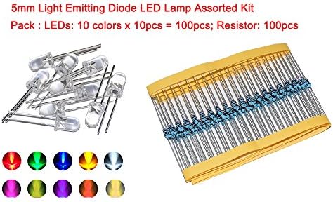 Cofufu 5mm Light Emitting Diode LED Lamp Assorted Kit for Arduino Warm White Red Yellow Green Blue Orange UV Pink Lights 100pcs (10 colors x 10pcs) + Free 100pcs Resistors