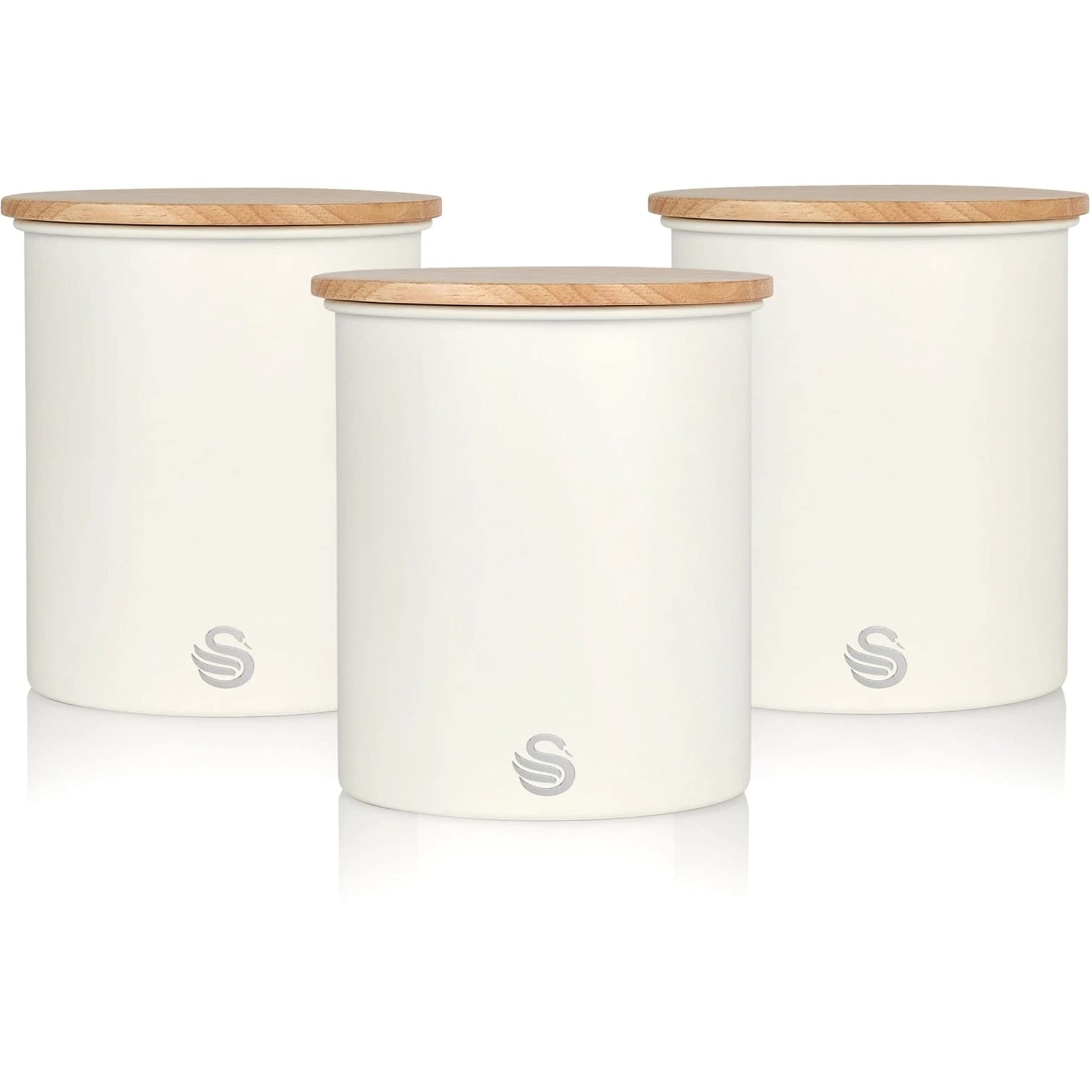 Swan 3 SWKA17513WHTN Nordic Scandi Set of 3 Storage, Tea, Coffee and Sugar Canisters, Cotton White, Steel, Bamboo Lid
