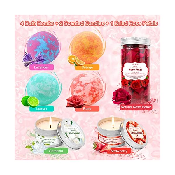 Panspace Bath Bomb Gift Set for Women, 4 Organic Bath Bombs with 2 Scented Candles & 1 Dried Rose Petals, Bubble Fizzies…