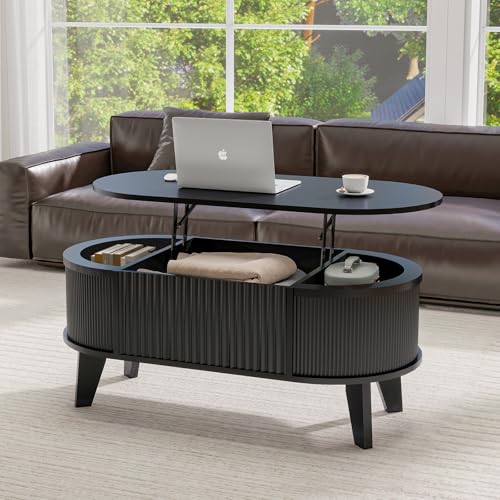 LYNCOHOME Fluted Lift Top Coffee Table with Hidden Compartment, Modern Oval Coffee Table for Living Room, Home Office (Black)