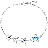 LOVGIFSET Turtle Anklet Sea Turtle Ankle Bracelets for Women Blue Opal Starfish Beach Turtles Anklets 925 Sterling Silver Ocean Beach Sea Jewelry Summer Gifts Adjustable