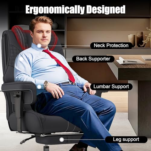 400 lbs Big and Tall Ergonomic Office Chair with Footrest,Computer Gaming Chair with Folding Armrest and Lumbar Support Adjustable Height,Wide Desk Chair with Wheels for Home Office (Black)