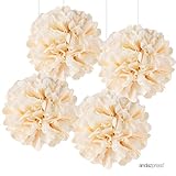 Andaz Press Large Tissue Paper Pom Poms Hanging Decorations, Ivory, 14-inch, 4-Pack, Wedding Bridal Shower Anniversary Decorations