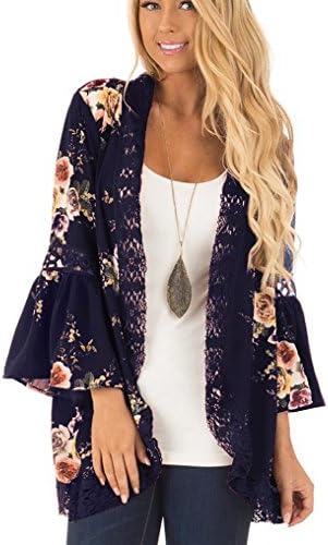 Floral Seasons Women Splice Lace Boho Floral Hollow Blouse Top Kimono Cardigan Blouse Deep Blue X-Large