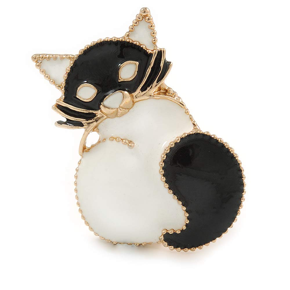 Black/White Enamel Cat Brooch/Pendant In Gold Tone - 35mm Tall