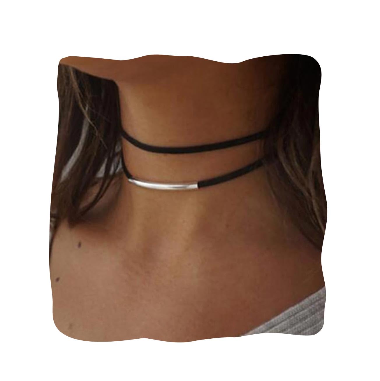 Handcess Black Velvet Choker Necklaces Silver Bar Necklace Layered Necklace Jewelry for Women