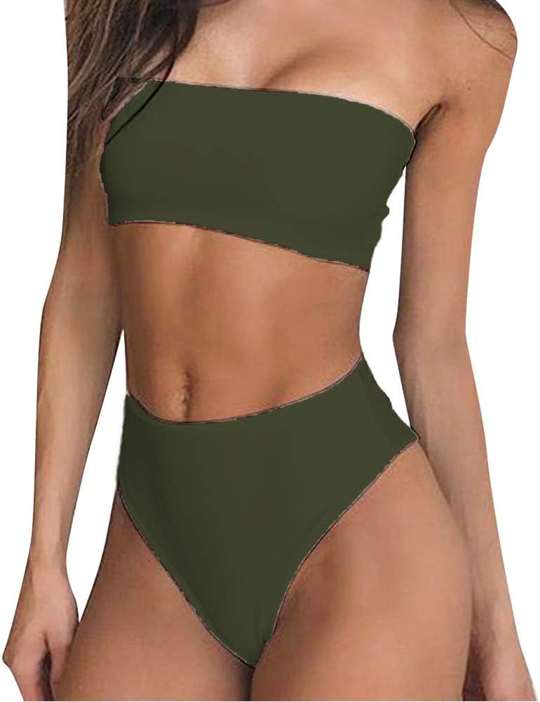 INFILAR Women's Two Piece Bikini Sets Sexy Bandeau Top Removable Pad High Waisted Bottom Beach Swimwear