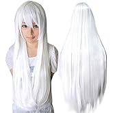 ANOGOL Wig Cap+32 In/ 80 cm Long White Wig White Cosplay Wigs, Straight Whitish Synthetic Wig with Bangs for Anime Cosplay, Peluca Blanca Long Straight Wigs for Halloween Costume Party