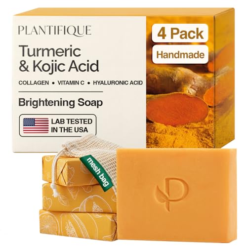 PLANTIFIQUE Kojic Acid & Turmeric Soap – Lab Tested – 4 Bars with Mesh Bag for Dark Spots & Hyperpigmentation – Face Wash with Vitamin C, Hyaluronic Acid & Collagen, 320 g