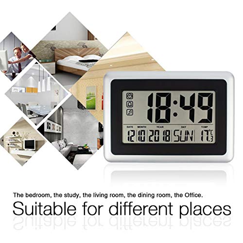 Xigeapg Large Display Digital Wall Clock,Silent Desk Shelf Clocks Battery Operated Easy to Read Nightstand Alarm Clock with No Night Light (Day Calendar Temperature) for Office Home Shower