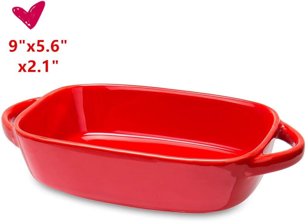 Small Baking Dish for Oven 9 inch Ceramic Rectangular Casserole Dish Lasagna Pan with Handle 9.1"x5.6"x2.1" Red