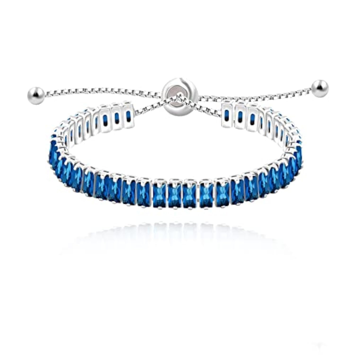 Uloveido Classic Rectangle Cut Blue Cubic Zirconia Crystal Tennis Bolo Bracelets Link Chain Adjustable Y1788 (Platinum, Blue)