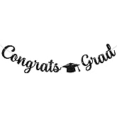 Pre-Strung Congrats Grad Banner - Black Glitter Graduation Party Banner with Cap, Congratulations Graduate Decor, High School College Graduation Party Decorations (Black)