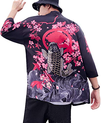 Men's Kimono Yukata Cardigan Casual Dragon Pattern Open Front Coat (Black Fish, Medium) - Thumbnail 7