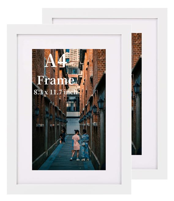 MEGAROOM Wood A4 Frame Set of 2 - A4 Picture Frame for 8.3 x 11.7 In (21 x 29.7 cm) Photo Wall Hanging - A4 Photo Frame with Clear Perspex Front - Wall Mounting to Hang Portrait or Landscape (White) — image 1