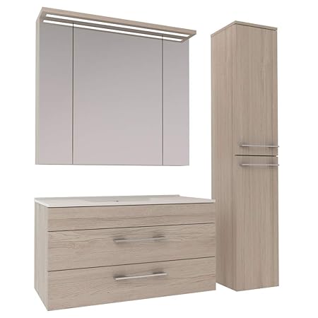 Badezimmer Möbel Set 100 cm breite mit Spiegelschrank, Hochschrank und Waschbecken Farbe Beige Weiß Creme Holz