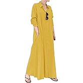 Ladyful Women's Button Down Cotton Linen Shirt Dress Long Sleeve Maxi Shirtdress Beach Summer Dress Pockets