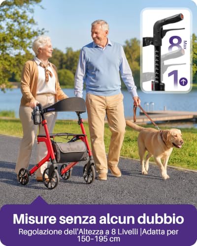 Kekoy Elderly Walker with 4 Wheels with Seat, Foldable, 399 lbs Load, Seat 44 cm Wide, Wheels 25 cm for All Terms, Height Adjustable, Brakes with Hidden Cables, Storage Bag, Red