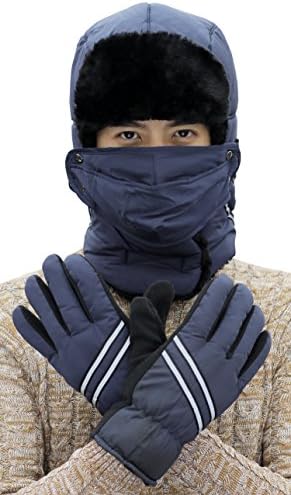 Trooper Trapper Hat With Warm Gloves Winter Hat Ear Flap Windproof Mask For Men Women Hunting Hat Aviator Cap Hat (navy blue)